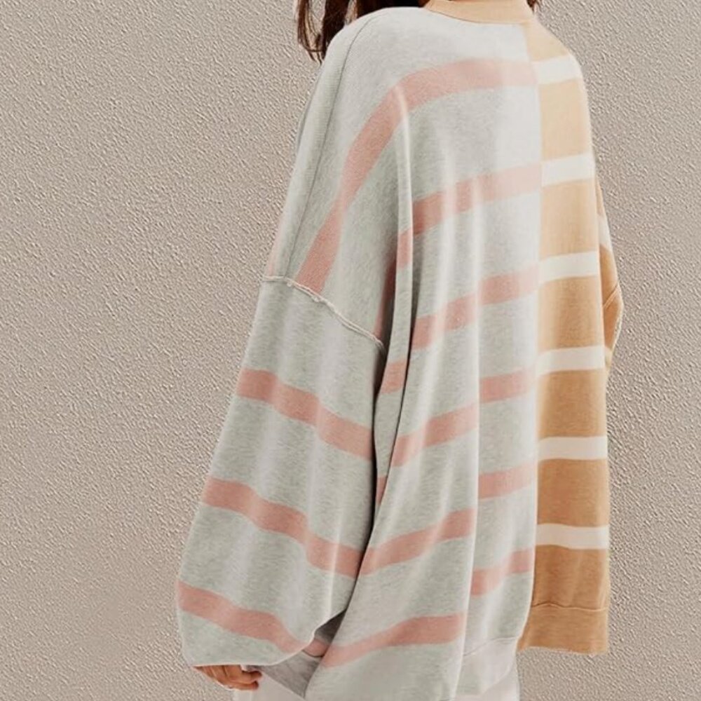 Free People Pink and Tan Oversized Uptown Stripe Pullover - Size - Small